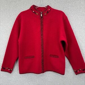 ALPS Red Wool‎ Embroidered Cardigan Sweater Full Zip Folk Cottage Women's Medium